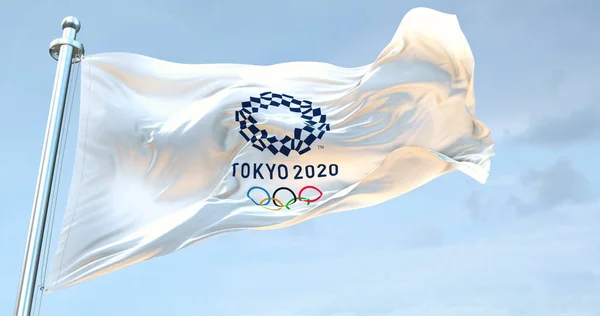 Tokyo 2020 Steag Fluturând — Fotografie, imagine de stoc