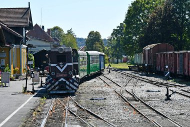 Stainz, Avusturya - 23 Eylül 2021: Flascherlzug adlı turist treninin renkli vagonları - şişe treni - dar kalibreli demiryolu ve batı Styria 'da çok popüler bir turizm merkezi