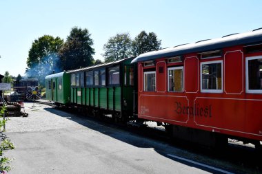 Stainz, Avusturya - 23 Eylül 2021: sözde Flascherlzug 'un renkli vagonları - şişe treni - Batı Styria' da popüler bir turistik merkezdir, her vagonun kendi adı vardır
