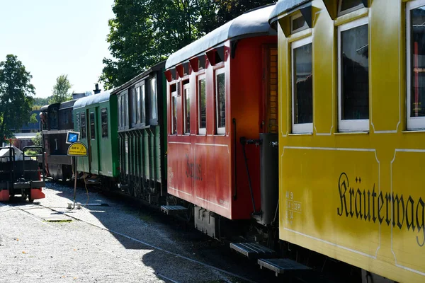 Barcelz Áustria Setembro 2021 Vagões Coloridos Chamado Flascherlzug Trem Garrafa — Fotografia de Stock