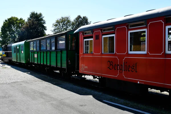 Stainz, Avusturya - 23 Eylül 2021: sözde Flascherlzug 'un renkli vagonları - şişe treni - Batı Styria' da popüler bir turistik merkezdir, her vagonun kendi adı vardır