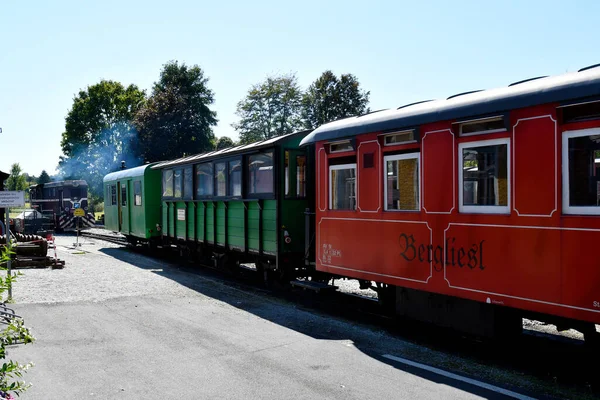 Stainz, Avusturya - 23 Eylül 2021: sözde Flascherlzug 'un renkli vagonları - şişe treni - Batı Styria' da popüler bir turistik merkezdir, her vagonun kendi adı vardır