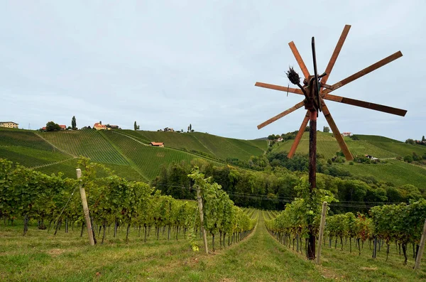 Rakousko Tradiční Klapotez Strašák Vinice Strmých Svazích Nachází Štýrské Vinařské — Stock fotografie
