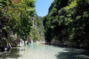 Glyki, Yunanistan - 29 Haziran 2021: Acheron Nehri 'nin berrak ama soğuk sularındaki bilinmeyen insanlar, Yunan mitolojisinde Acheron, Yunan yeraltı dünyasının nehirlerinden biriydi..