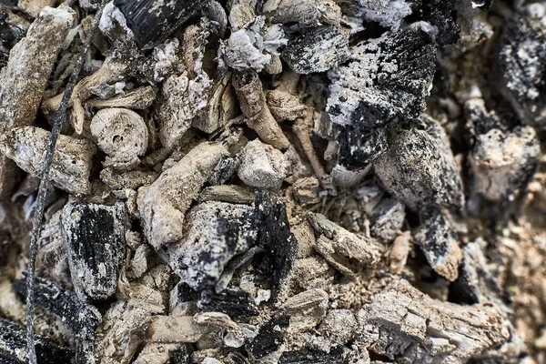 Ashes and burnt coals after a fire. Extinguished and cooled wood fire. Background from fireless coals and ash texture. Nature and the environment. —  Fotos de Stock
