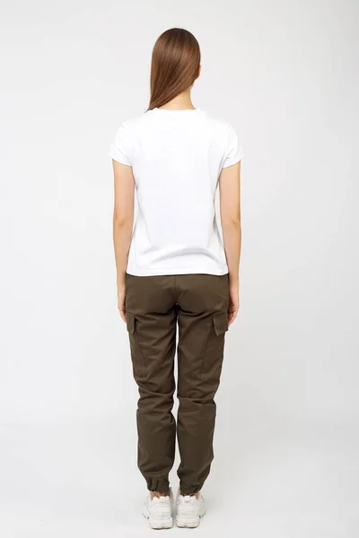 Girl Beige Cargo Pants White Shirt — Stock Photo, Image
