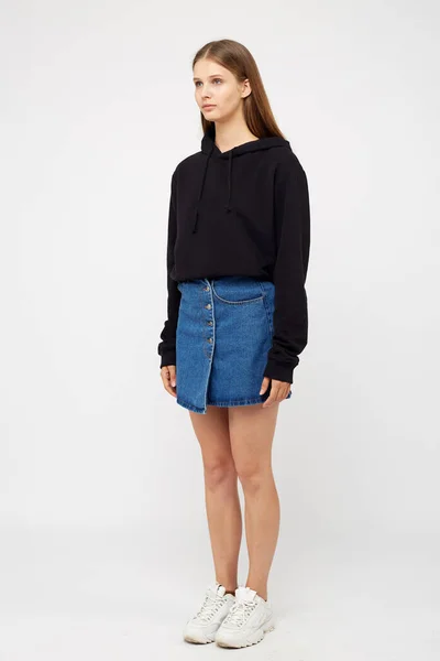 Girl Denim Skirt Black Jacket — Stock Photo, Image