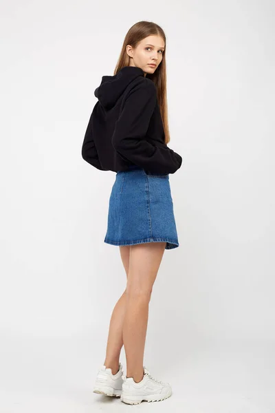 Girl Denim Skirt Black Jacket — Stock Photo, Image