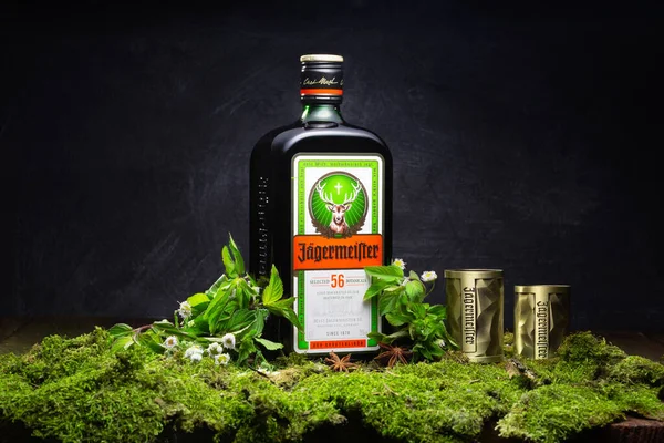 Ukraine, Poltava - July 11, 2022: Bottle of Jagermeister, German digestif made with 56 herbs and spices. Bottle in green moss