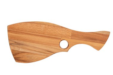 Tahta kesme tahtası beyaz arka planda izole edilmiş. Üst görünüm.