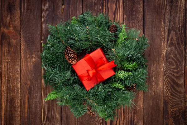 Christmas Wreath Wooden Background Mock Greeting Card — Stock Photo, Image