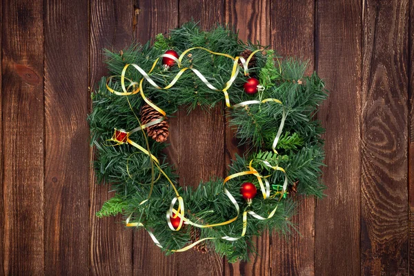 Christmas Wreath Wooden Background Mock Greeting Card — Stock Photo, Image