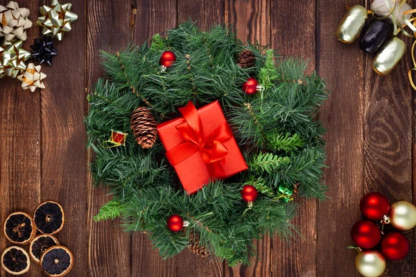 Christmas Wreath Wooden Background Mock Greeting Card — Stock Photo, Image