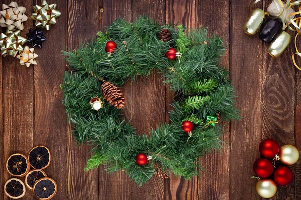Christmas Wreath Wooden Background Mock Greeting Card — Stock Photo, Image