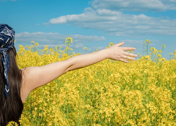 Girl Outstretched Hand Background Blooming Yellow Field — Stock Photo, Image