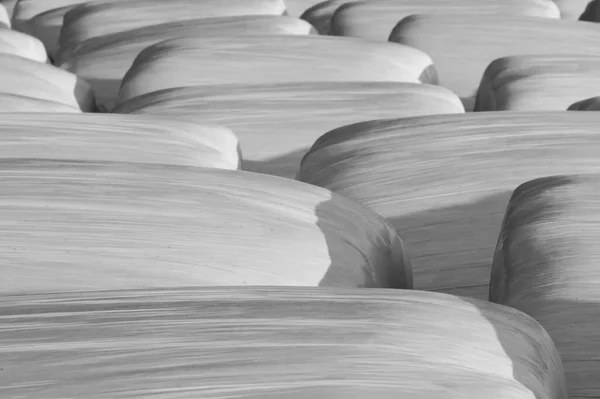 Faded black and white background of plastic wrapped hay bales