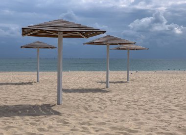 Terkedilmiş sonbahar plajı, kadife mevsimi, sadece deniz, martılar ve şemsiyeler.