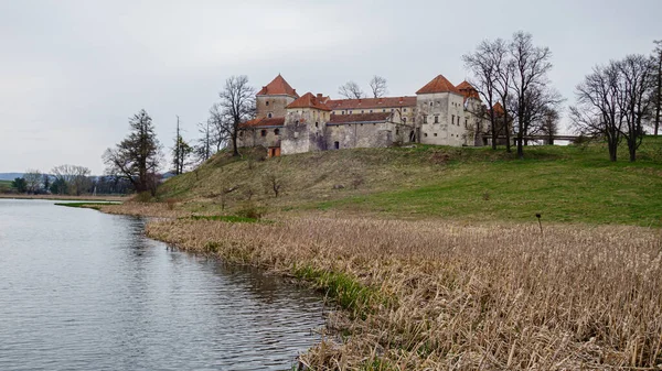 Belo Panorama Castelo Svirzh Junto Rio Dia Primavera Perto Lviv — Fotografia de Stock