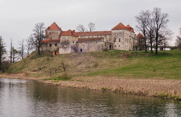 Antigo Castelo Svirzh Junto Lago Início Primavera Região Lviv Ucrânia — Fotografia de Stock