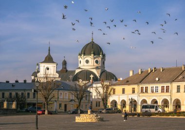 Güneşli bir sonbahar gününde Ukrayna 'nın Zhovkva, Lviv bölgesindeki Pazar Meydanı üzerinde uçan bir güvercin sürüsü.