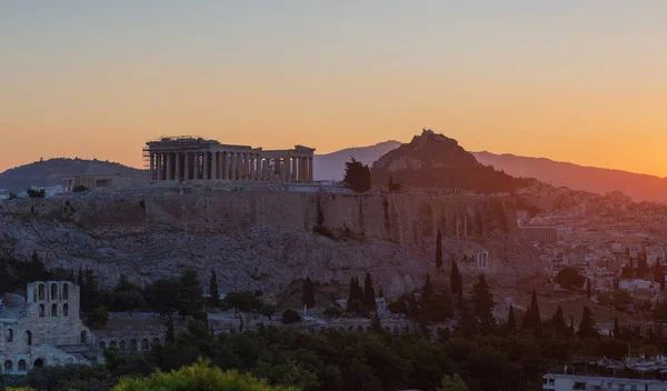 Vista Acrópolis Amanecer Desde Azotea Plaka Atenas Grecia —  Fotos de Stock
