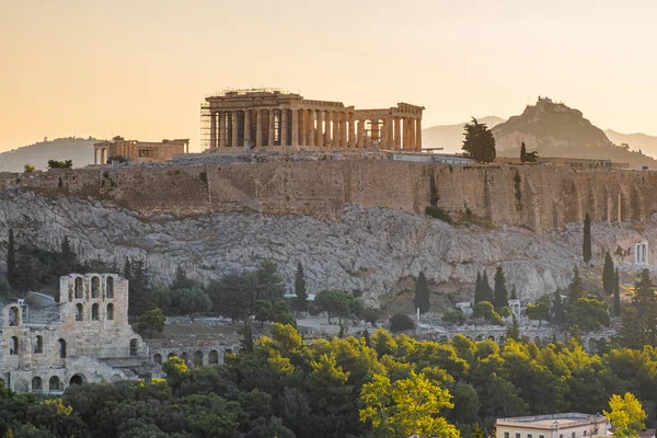 Zicht Acropolis Bij Zonsopgang Vanaf Het Dak Van Plaka Athene — Stockfoto