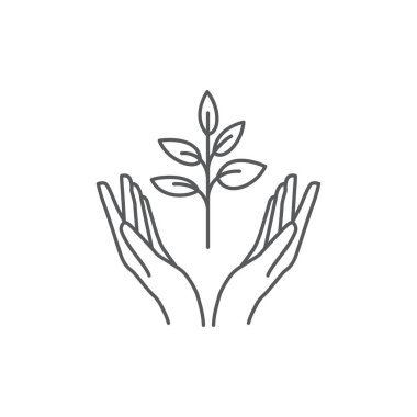El ve Bitki ikonu tasarımı. bitki yaprağı piktogramı. tohum ve el doğrusal logosu. Ağaç el vektöründe. Vektör illüstrasyonu