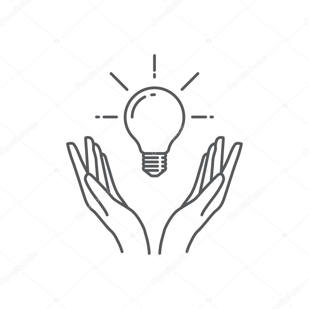 Light bulb in hand icon. Hand line icon with Lamp light bulb icon . Idea icon symbol. Vector illustration