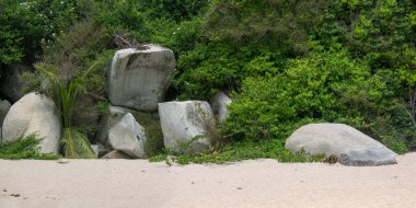 Tayrona Parkı, Kolombiya 'daki Kum tepesinde devasa taşlar birikmiş.