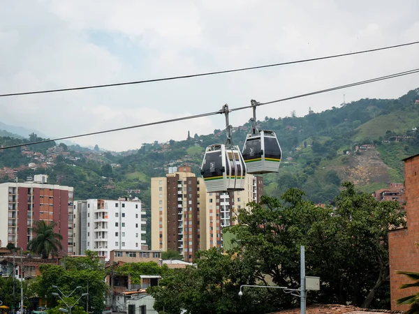 Medellin Antioquia Colombia Septiembre 2021 Two Cable Car Cloudy Sky — стокове фото