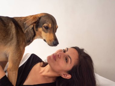 Genç, kahverengi saçlı Perulu kadın mutlu ve rahatlamış görünüyor. Sevimli, genç, kahverengi bir köpeğe bakıyor.
