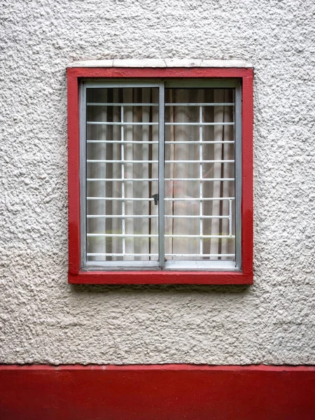 Small Window Closed Red Frame White Grille Curtain — Stock Photo, Image