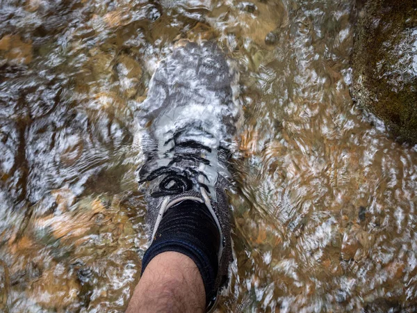 Foot Black Socks Grey Hiking Shoes River Water — Stock Photo, Image