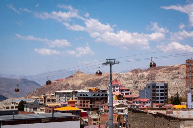La Paz, Bolivya; 18 Eylül 2022: Sarı Kablo Araba Hattı (Mi Teleferico) Bolivya Andes Cordillera Şehir Manzarası