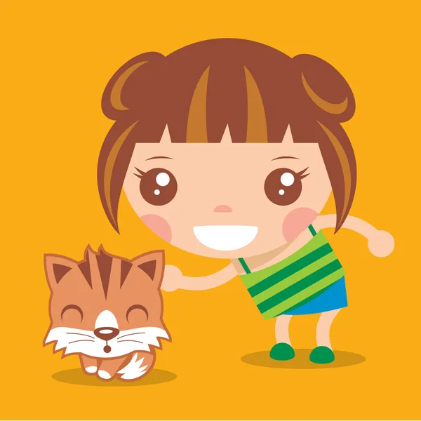 Linda chica con su gatito — Vector de stock