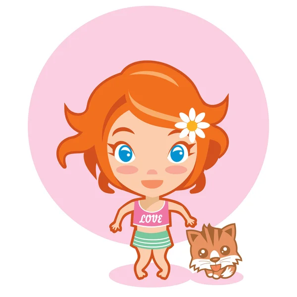 Linda chica con su gatito — Vector de stock