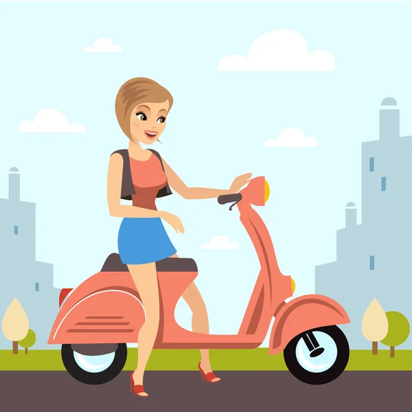 Hermosa mujer con Vespa — Vector de stock