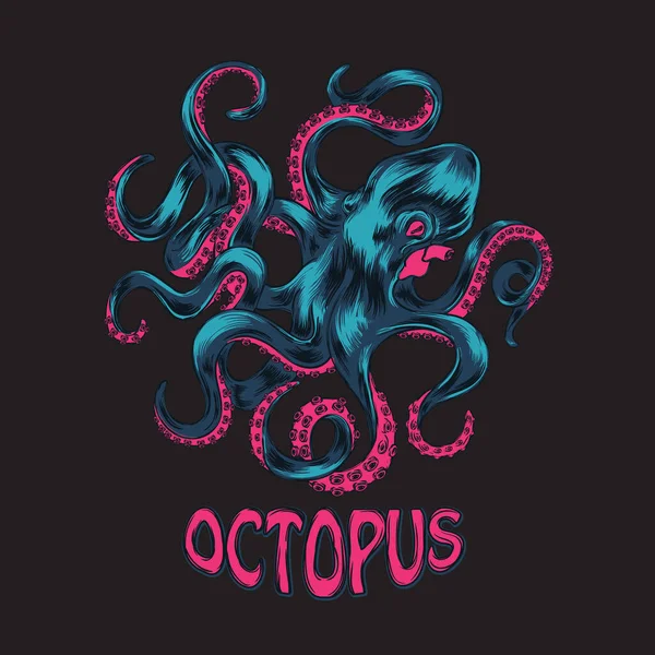 Octopus Vector Illustration Blue Pink Octopus Lettering Black Background — Stock Vector