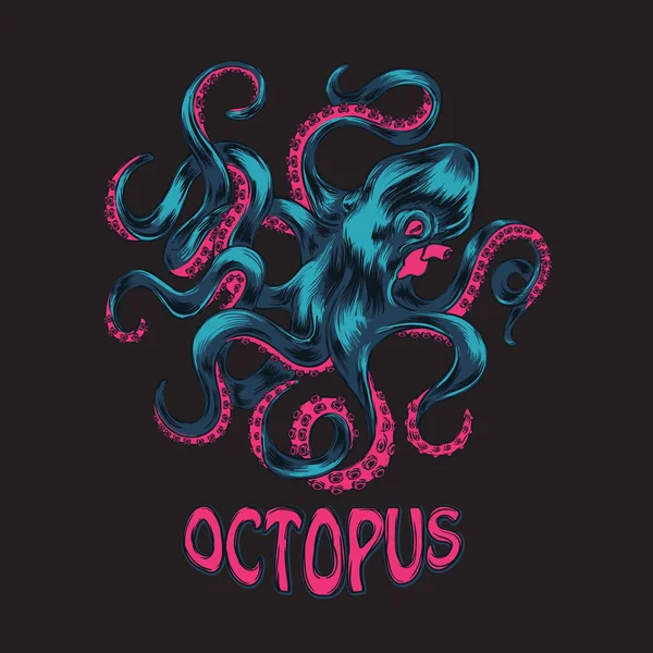 Ilustrație Vectorială Octopus Caracatiță Roz Albastru Litere Fundal Negru — Vector de stoc