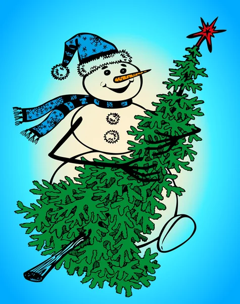 Bonhomme de neige et arbre de Noël — Image vectorielle