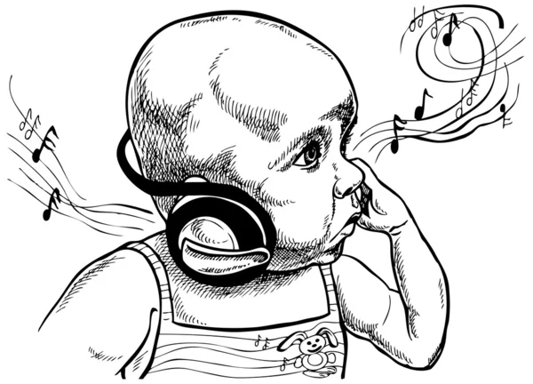 Bebé con auriculares . — Vector de stock