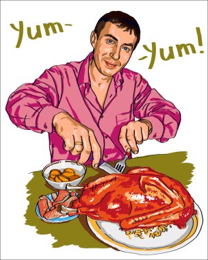 yemek masasında otururken kaz keser bir adamın görüntüsü.