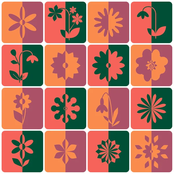 Set Color Flowers Icons Shadows Half — Stock Vector