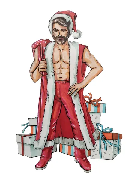 Sexy Weihnachtsmann Mit Tasche Und Geschenkboxen Illustration Mit Filzstiften — Stockfoto