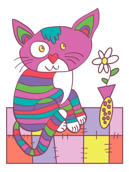 パッチと花の花瓶で作られた敷物の上に縞模様の面白い猫のイラスト — ストックベクタ