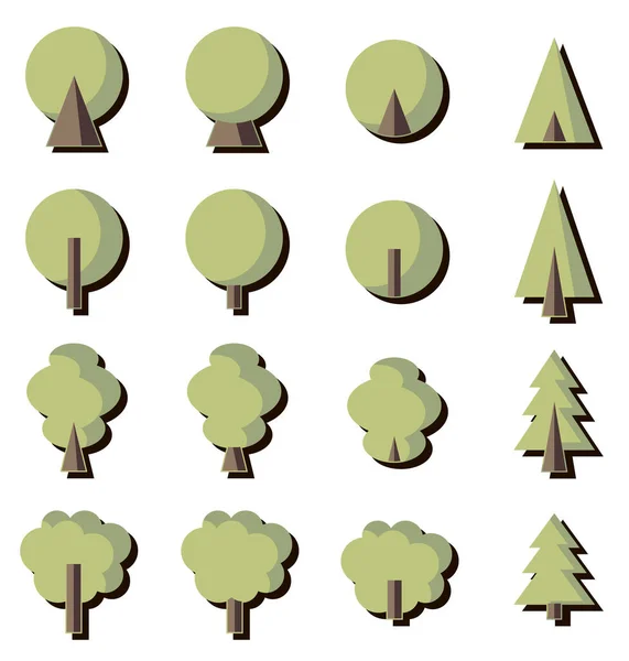 Groene Bomen Pictogrammen Met Schaduwen Witte Achtergrond — Stockvector