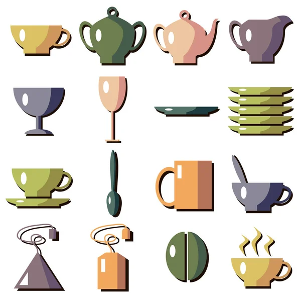 Icons Tea Utensils Volumetric Shadows White Background Colored — Stock Vector