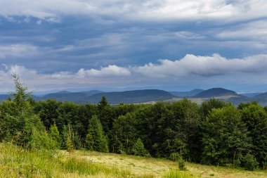 Dağın tepesinde muhteşem bir manzara. Güneşle aydınlanan dağ vadilerinin panoramik manzarası. Karpatlar, Ukrayna