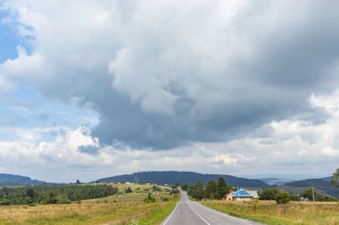 Karpatlar 'da bir dağ çayırı. Vadileri ve çimenli tepeleri olan yaz manzarası. Parlak mavi gökyüzünde kabarık bulutlar. Doğa tazeliği kavramı