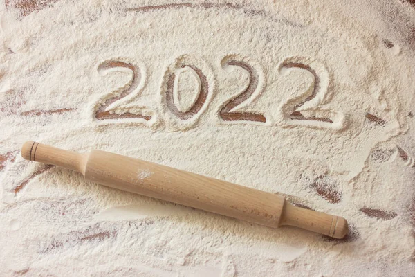 Números 2022 Farinha Rolo Mesa Conceito Ano Novo — Fotografia de Stock